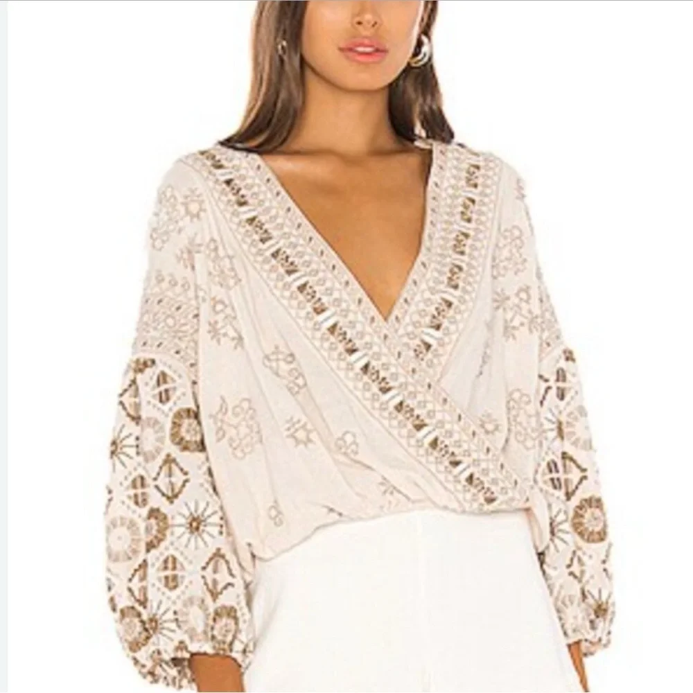 Free People Cream Embroidered 3/4 Sleeve Blouse - Picture 2 of 9
